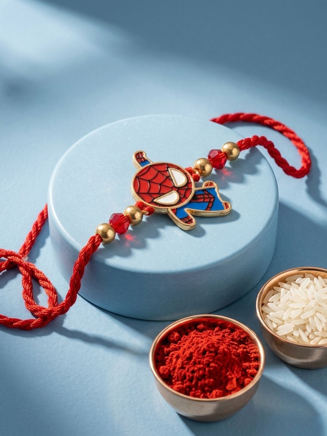 Dhiyona Kids Spider Man Character Artificial Beads Thread Rakhi With Roli Chawal Chandan