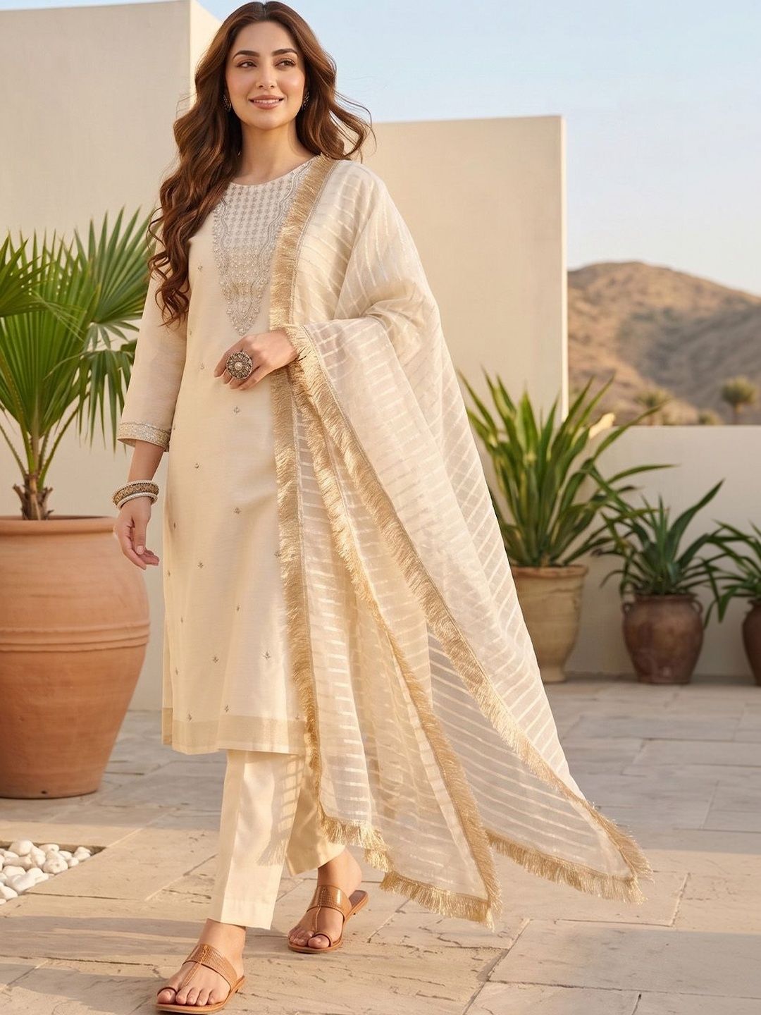 Off White Women Ethnic Motifs Embroidered Regular Thread Work Kurta with Trousers & With Dupatta