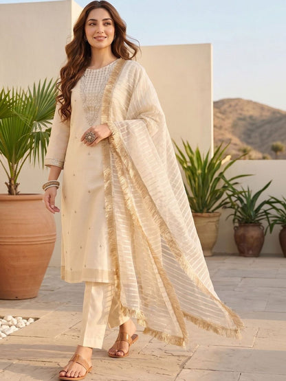 Off White Women Ethnic Motifs Embroidered Regular Thread Work Kurta with Trousers & With Dupatta