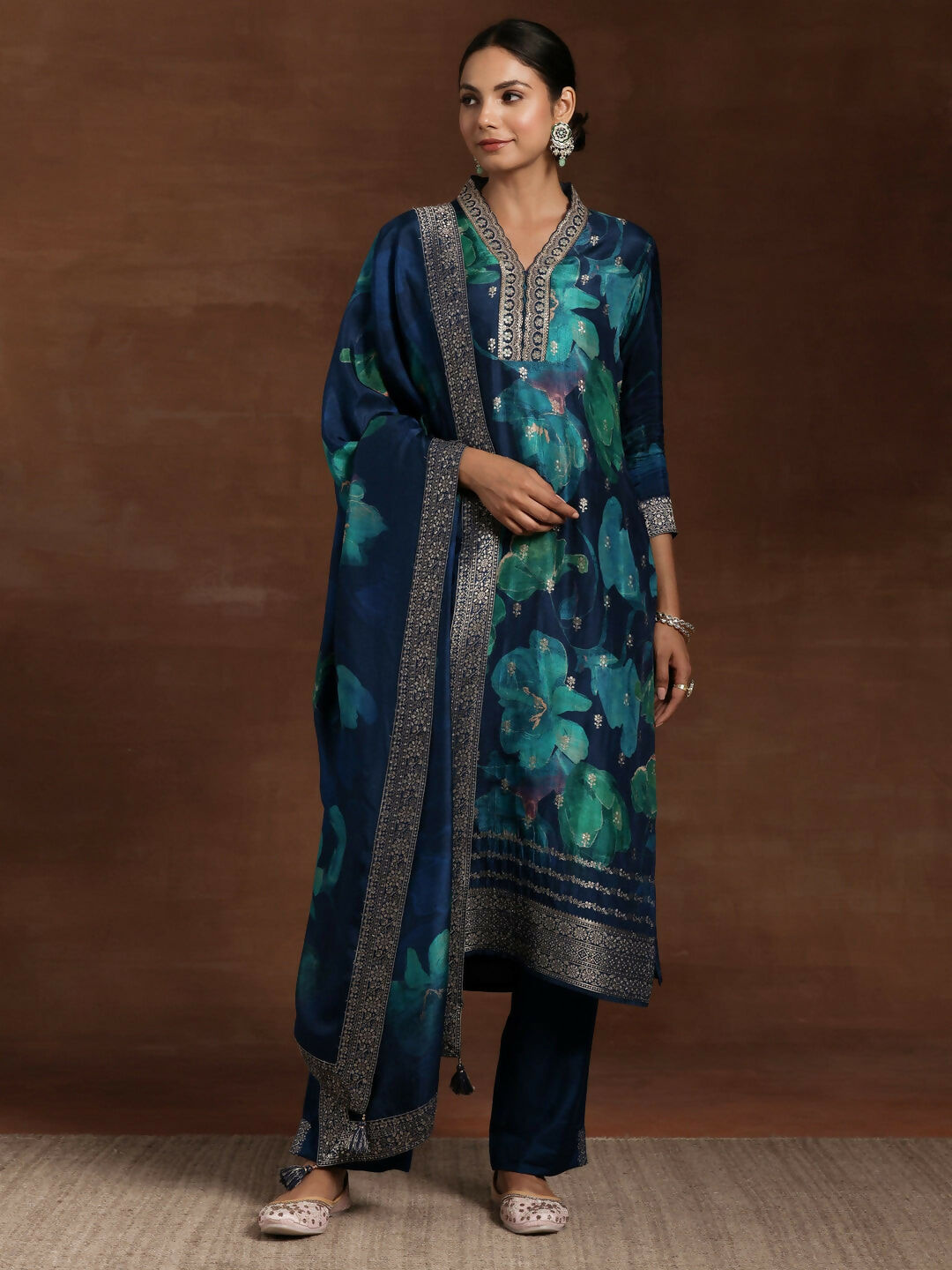 Women's LB Blue Printed Silk Blend Straight Suit With Dupatta