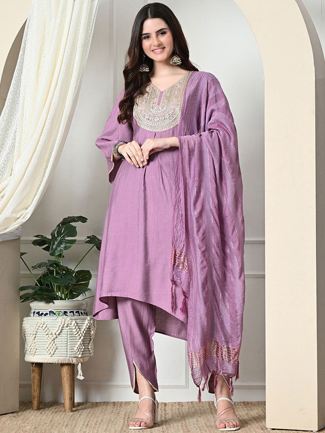 Women Sequined V-Neck A-Line Kurta With Dhoti Pants & Dupatta Set