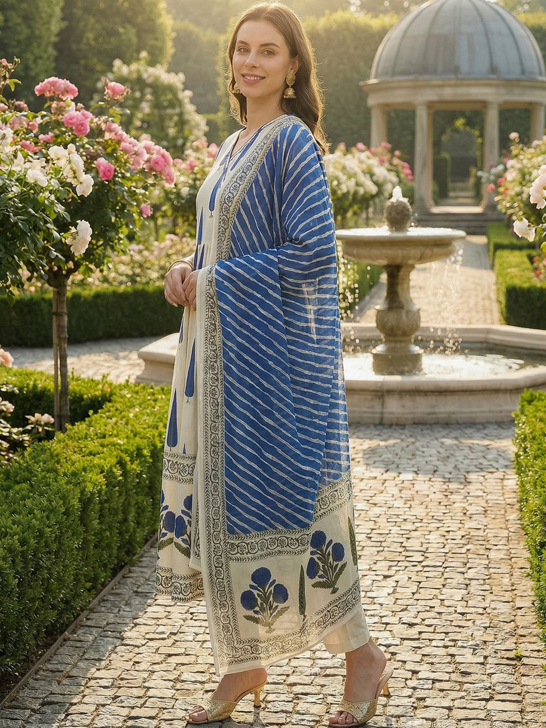 Women Ethnic Motifs Printed Angrakha Pure Cotton Kurta with Trousers & With Dupatta