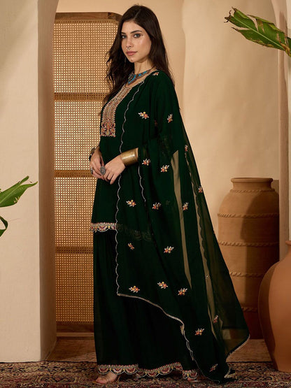 Dhiyona SN Women Zari Sequence Thread Embroidered Kurta & Sharara With Dupatta