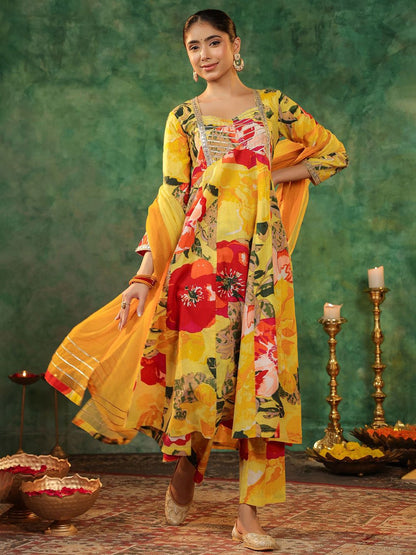 Dhiyona RR Women's Floral Printed Gotta Patti Pure Cotton Kurta Sets