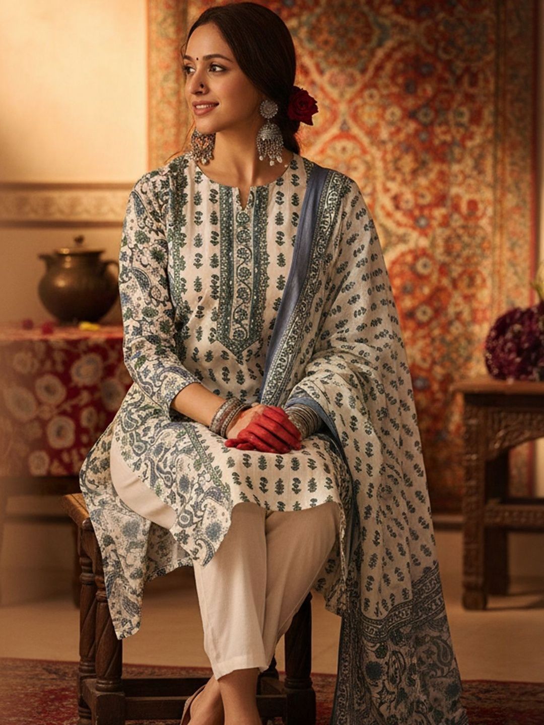 Dhiyona IE Ethnic Motifs Printed Pure Cotton Kurta With Trousers & Dupatta