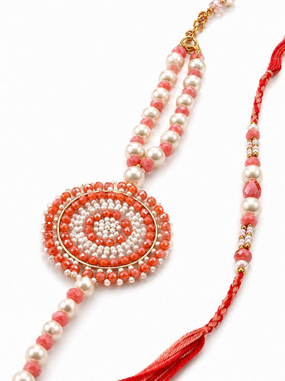 Dhiyona Set Of 2 Gold Toned Pearls & Beads Round Shape Bhaiya Bhabhi Rakhi With Roli Chawal