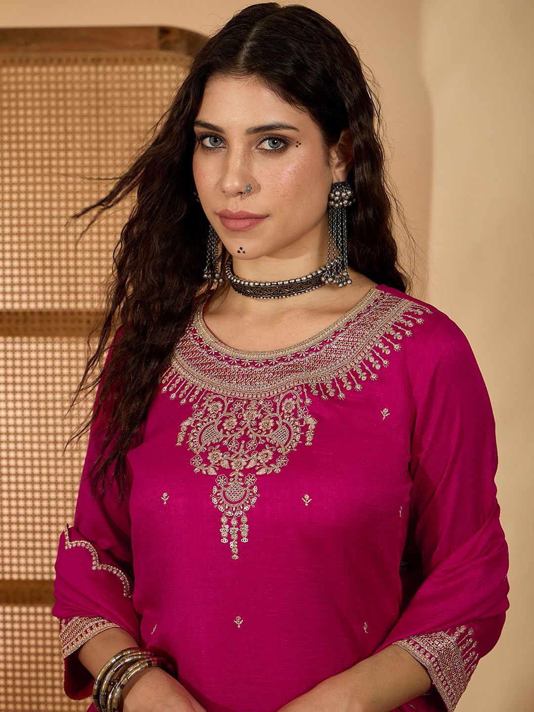 Dhiyona SN Women Embroidered Round Neck Straight Kurta & Palazzos With Dupatta
