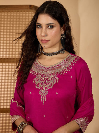 Dhiyona SN Women Embroidered Round Neck Straight Kurta & Palazzos With Dupatta
