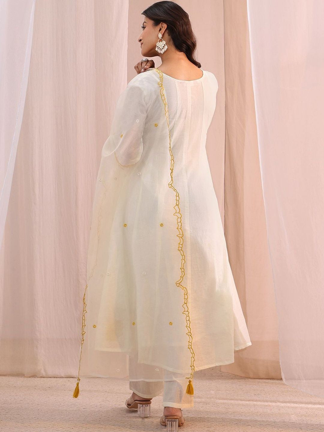 White Floral Embroidered Silk Blend A-Line Suit Set