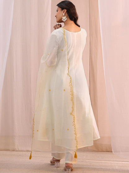 White Floral Embroidered Silk Blend A-Line Suit Set