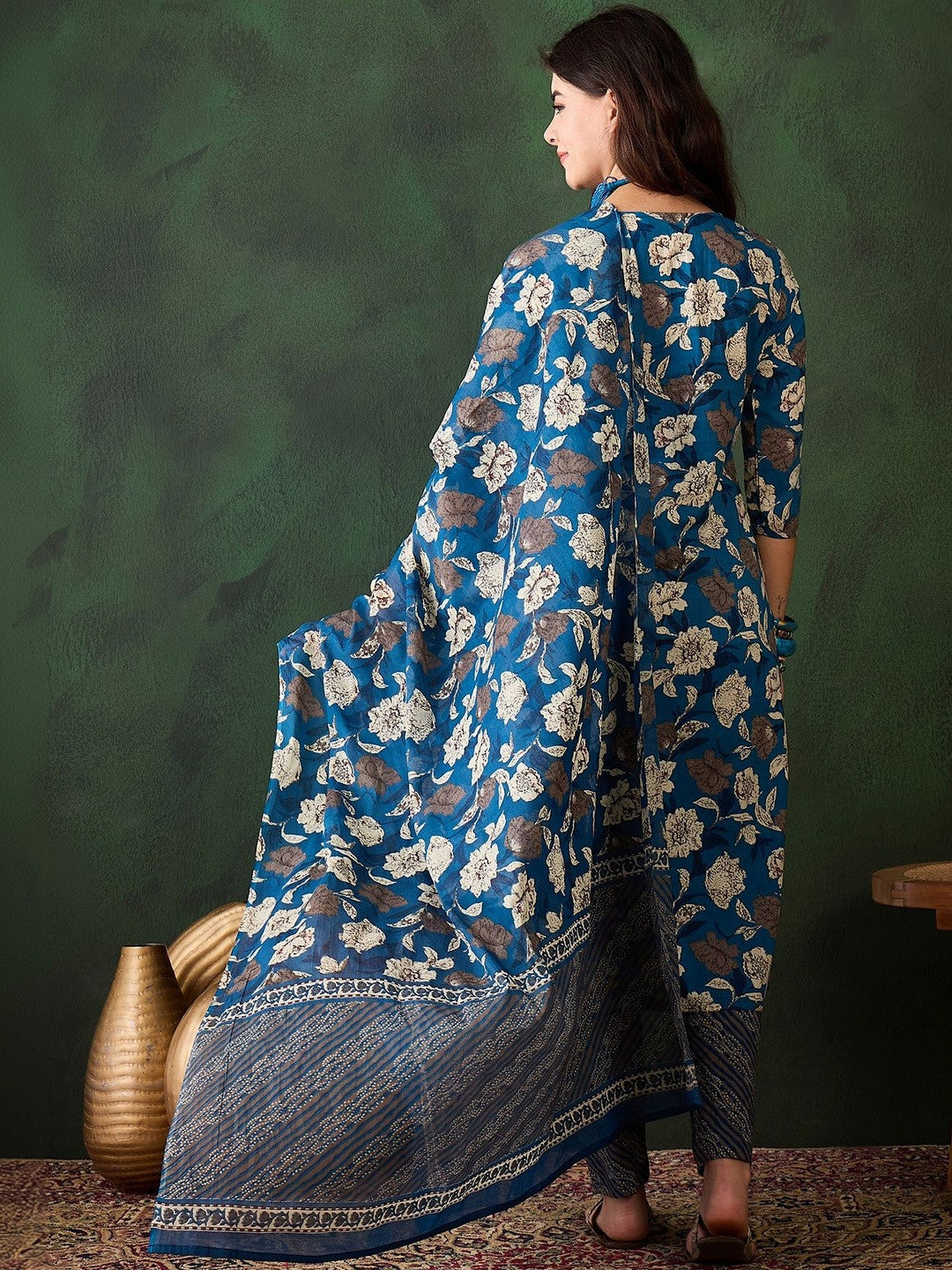 Printed Pure Cotton V-Neck Kurta & Trousers Kurta Set