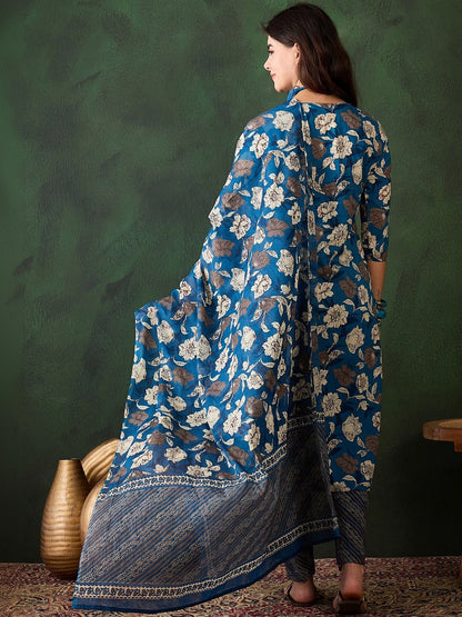 Printed Pure Cotton V-Neck Kurta & Trousers Kurta Set