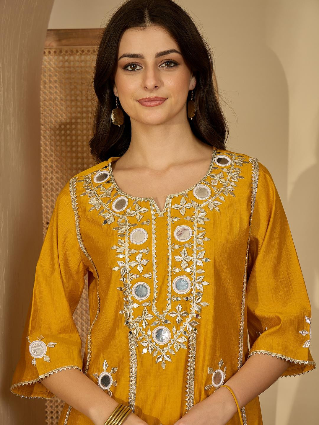 Women Floral Embroidered Regular Mirror Work Kurta with Palazzos
