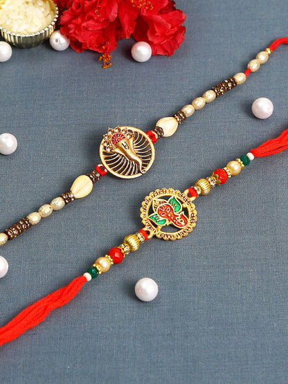Dhiyona Set Of 2 Red Lord Ganesha Rakhis Comes With Roli Rice & Greeting Card