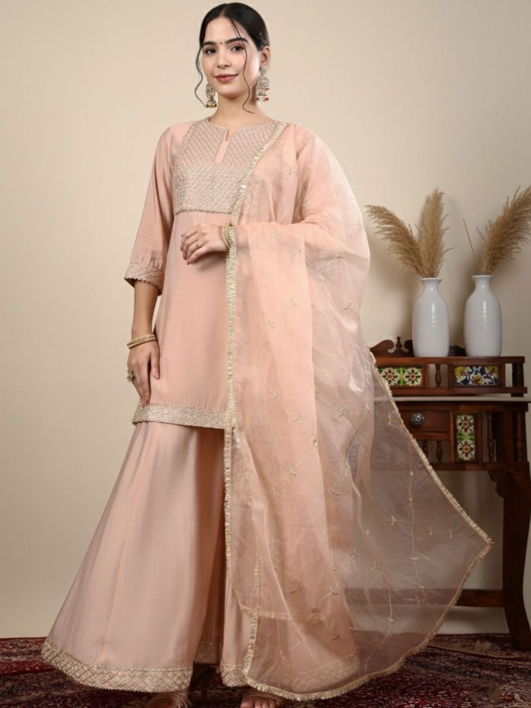 Dhiyona HOP Embroidered Round Neck Kurti & Sharara With Dupatta