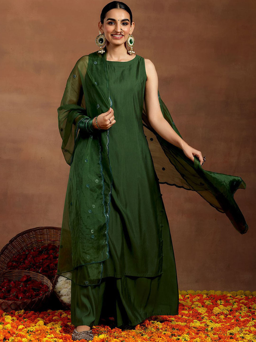 Straight Kurta With Palazzos & Dupatta