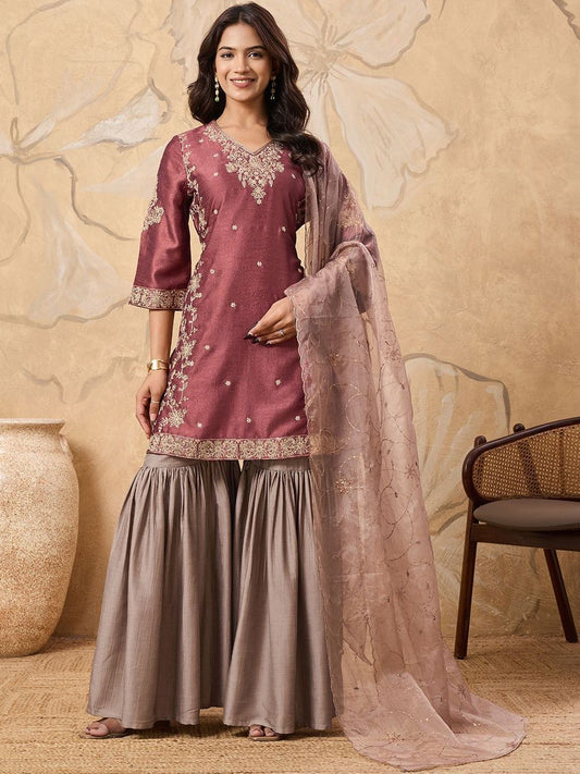 Dhiyona HOP Floral Embroidered V-Neck Sequinned Straight Kurta & Sharara With Dupatta