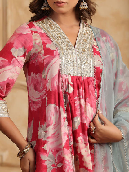 Dhiyona RR Women's Floral Printed Sequinned Pure Cotton Anarkali Kurta with Trousers & Dupatta