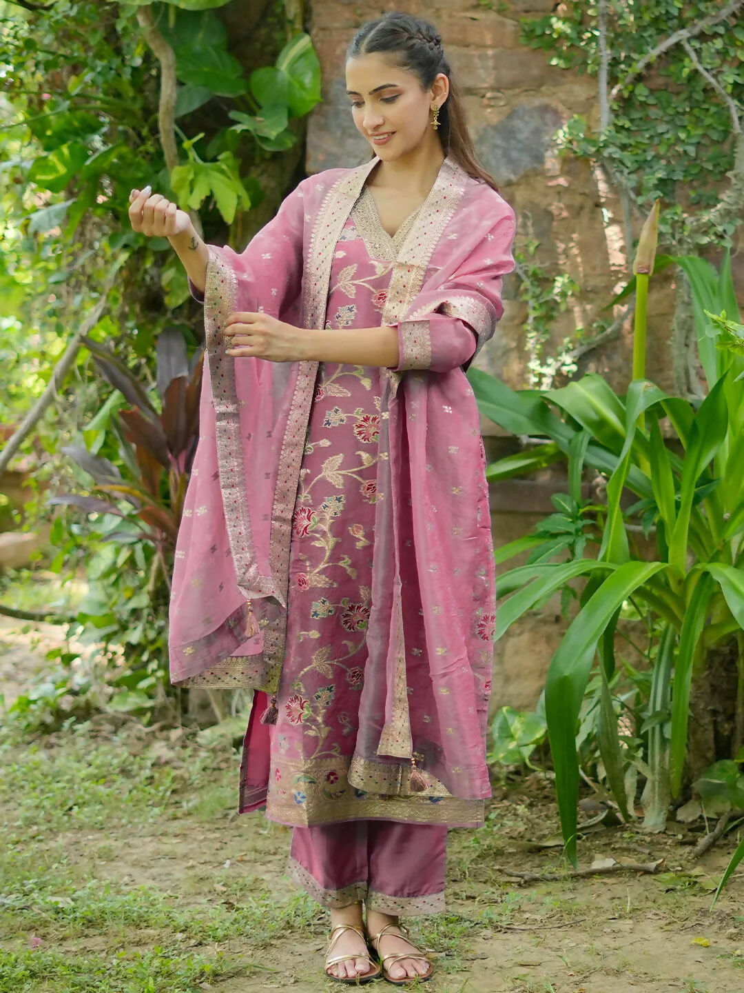 Women's LB Mauve Woven Design Silk Blend Straight Kurta With Trousers & Dupatta