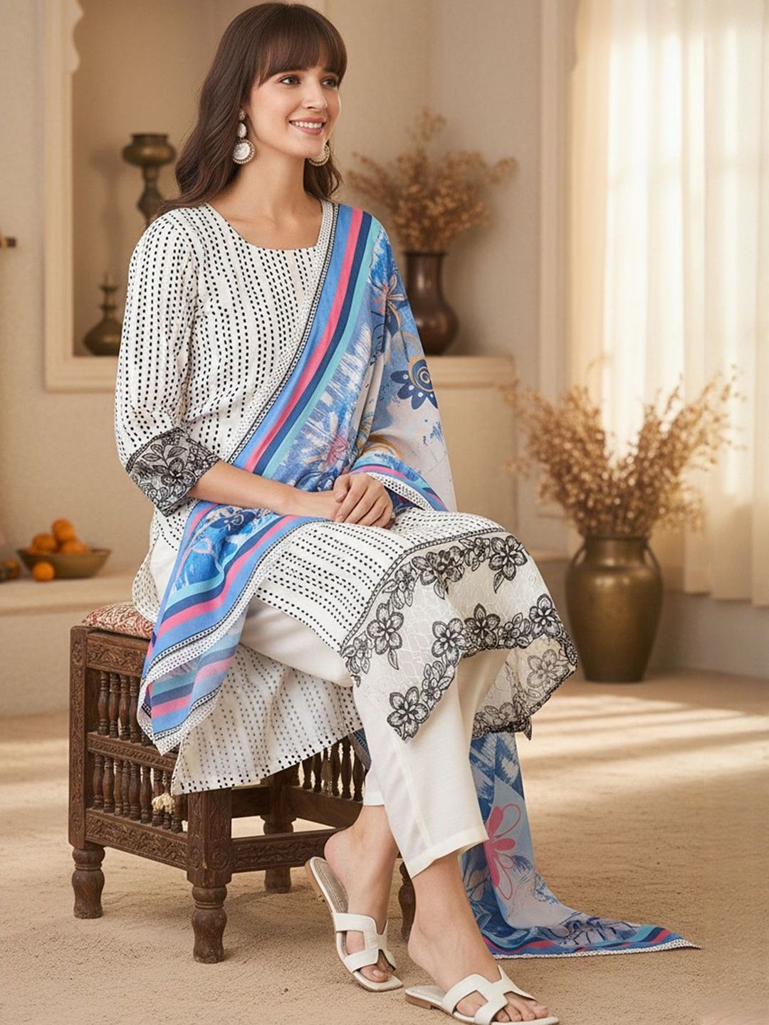 Dhiyona IE Ethnic Motifs Printed Round Neck Straight Kurta With Trousers & Dupatta