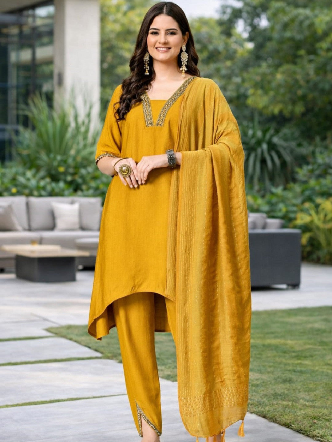 Regular Thread Work Kurta with Dhoti Pants & Dupatta
