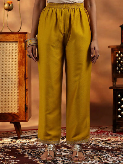 Women's LB Mustard Yoke Design Silk Blend A-Line Kurta With Trousers & Dupatta