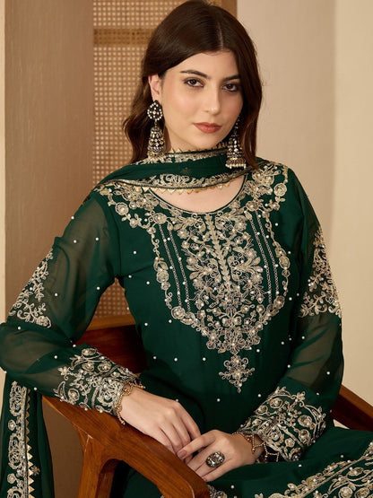 Dhiyona SN Women Floral Embroidered Thread Work Georgette Kurta With Sharara & Dupatta