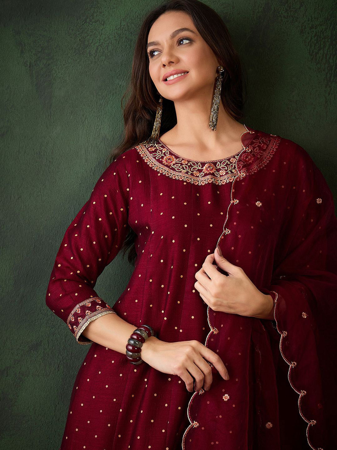 Geometric Printed Zari & Sequinned A-Line Kurta & Palazzo With Dupatta