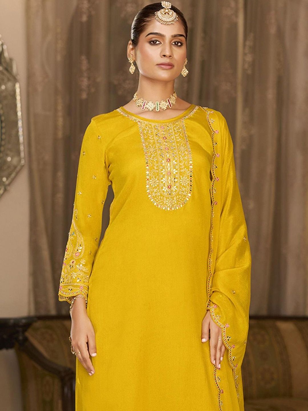 Dhiyona CH Women Ethnic Motifs Embroidered Regular Mirror Work Kurta with Palazzos & With Dupatta