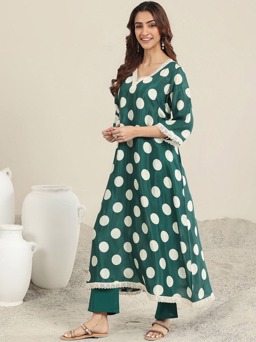 Polka Dot Printed V Neck A-Line Kurta With Trousers & Dupatta
