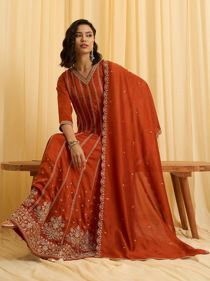 Dhiyona CH Women Ethnic Motifs Embroidered Panelled Thread Work Kurta with Trousers & With Dupatta