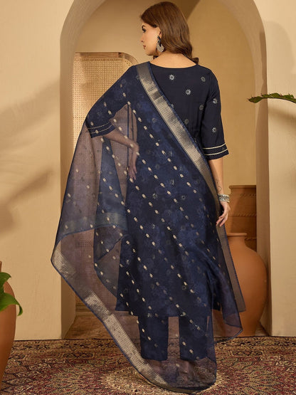 Women Navy Blue Printed Kurta Sets With Dupatta