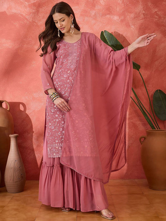Dhiyona SN Floral Embroidered Round Neck Straight Kurta With Sharara And Dupatta