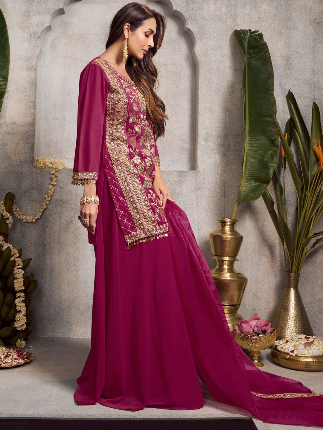 Dhiyona IN Floral Embroidered Sequinned Kurta With Palazzos & Dupatta