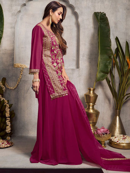 Dhiyona IN Floral Embroidered Sequinned Kurta With Palazzos & Dupatta