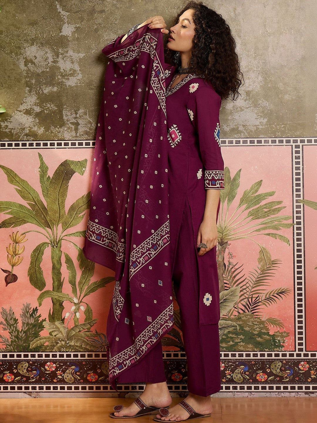 Printed Cotton V-Neck Kurta & Trousers With Dupatta