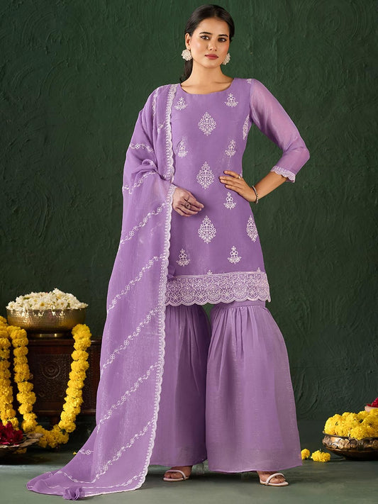 Dhiyona KL Women Ethnic Motifs Embroidered Thread Work Kurta With Sharara & With Dupatta