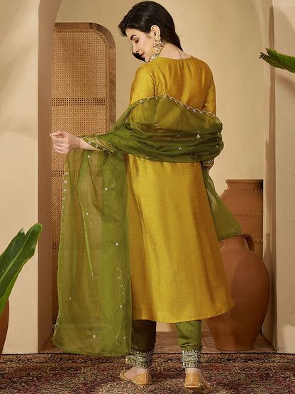 Floral Embroidered V-Neck Empire Sequinned A-Line Kurta & Trousers With Dupatta