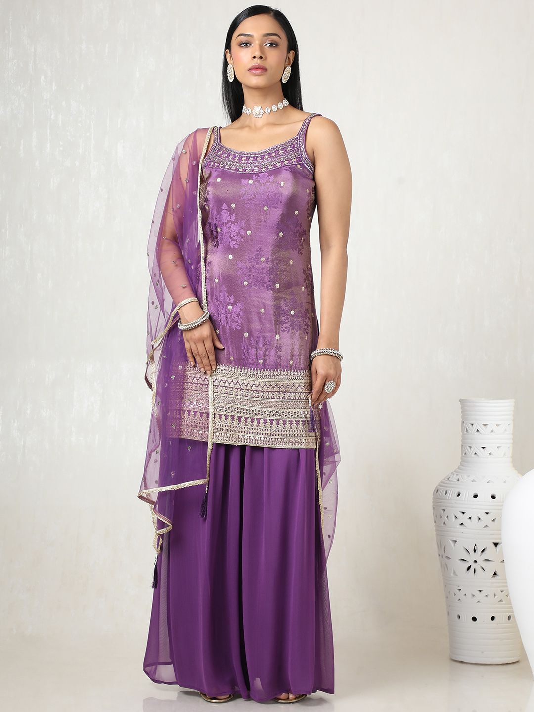Dhiyona SO Women's Women Embroidered Regular Sequinned Kurta with Palazzos & With Dupatta