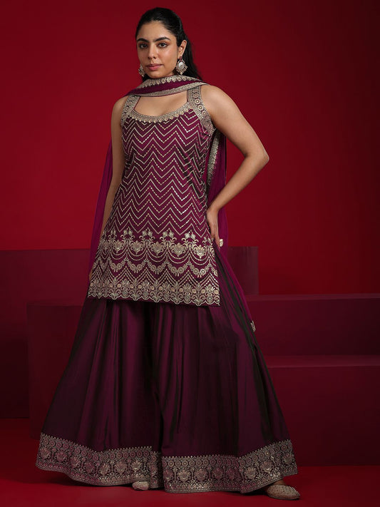 Dhiyona LL Chevron Embroidered Sequinned Straight Kurta with Palazzos & Dupatta