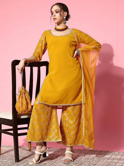Women Regular Sequinned Kurta with Sharara & With Dupatta