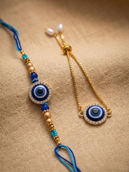 Dhiyona Set Of 2 Blue Evil Eye Gold Toned Bhaiya Bhabhi Rakhi