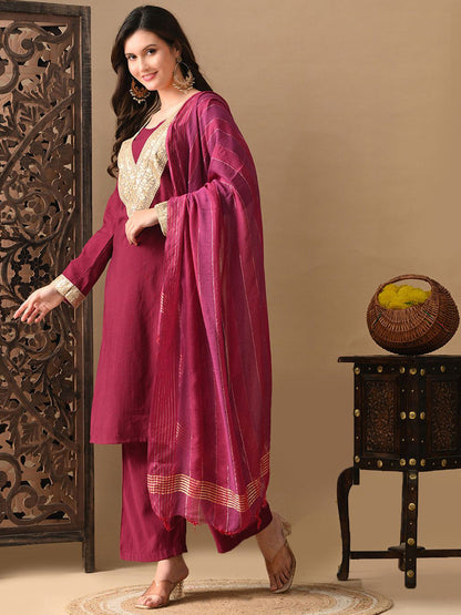 Embroidered Round Neck Long Sleeves Kurta & Trousers With Dupatta
