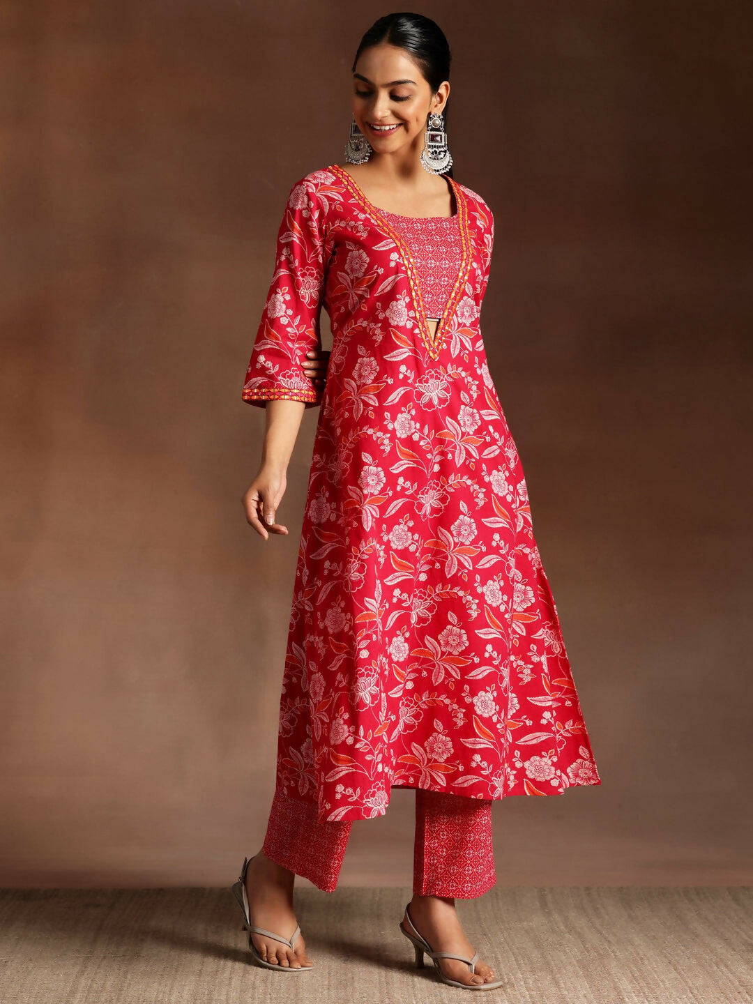 Women's LB Naghma Pink Printed Cotton A-Line Kurta With Palazzos