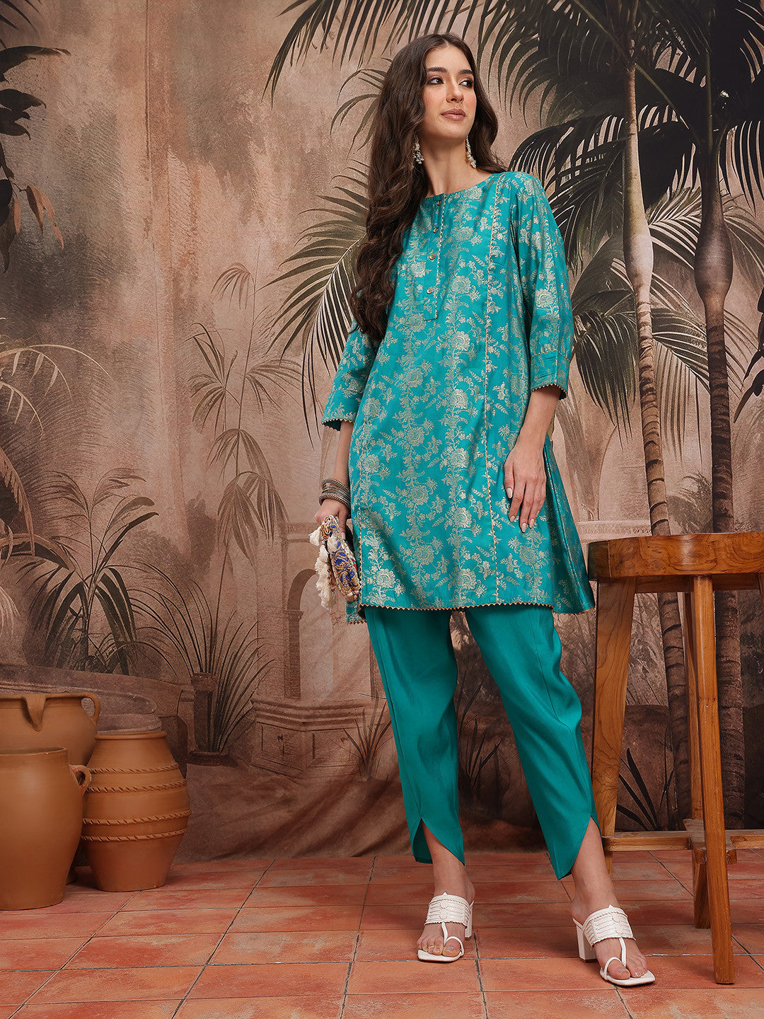 Foil Floral Printed Regular Kurta with Dhoti Pants