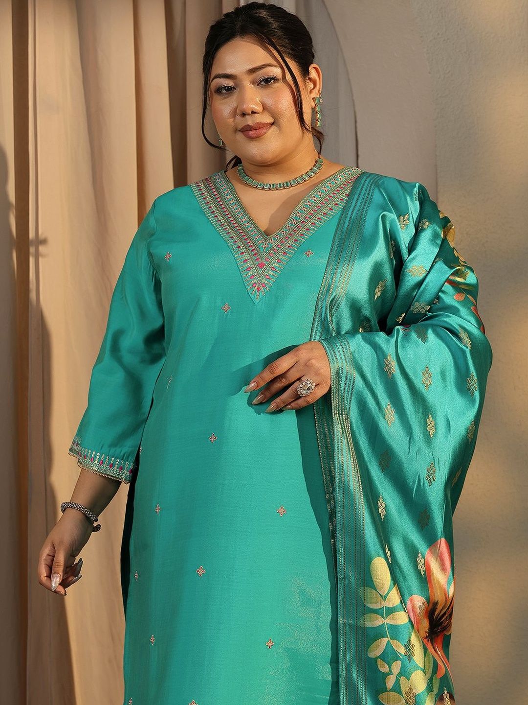 Dhiyona Women's Plus Size Ethnic Motifs Embroidered Kurta with Trouser & Dupatta