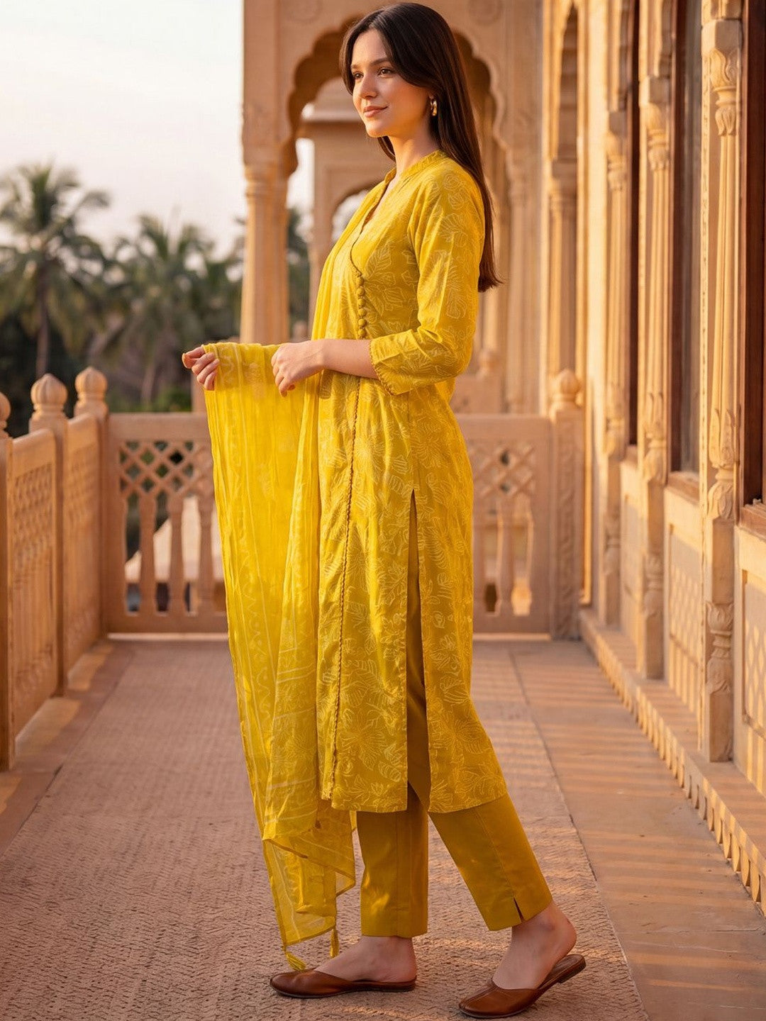 Women Ethnic Motifs Printed Angrakha Pure Cotton Kurta with Trousers & With Dupatta
