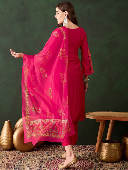 Floral Embroidered Thread Work Kurta with Trousers & Dupatta