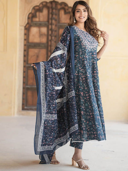 Dhiyona KL Women Floral Embroidered Regular Thread Work Pure Cotton Kurta with Trousers & With Dupatta