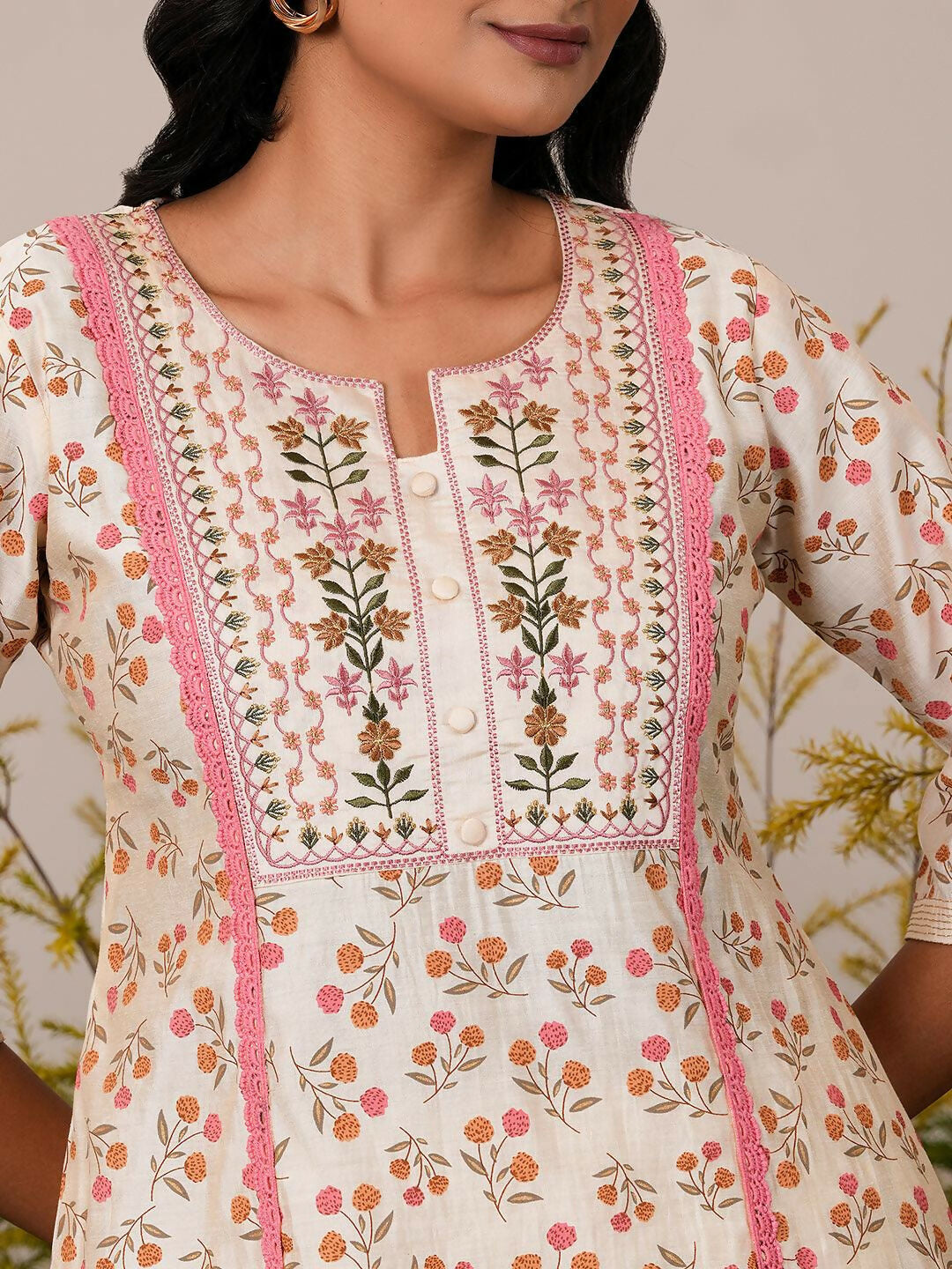 Women's LB Beige Printed Chanderi Silk A-Line Kurta With Palazzos